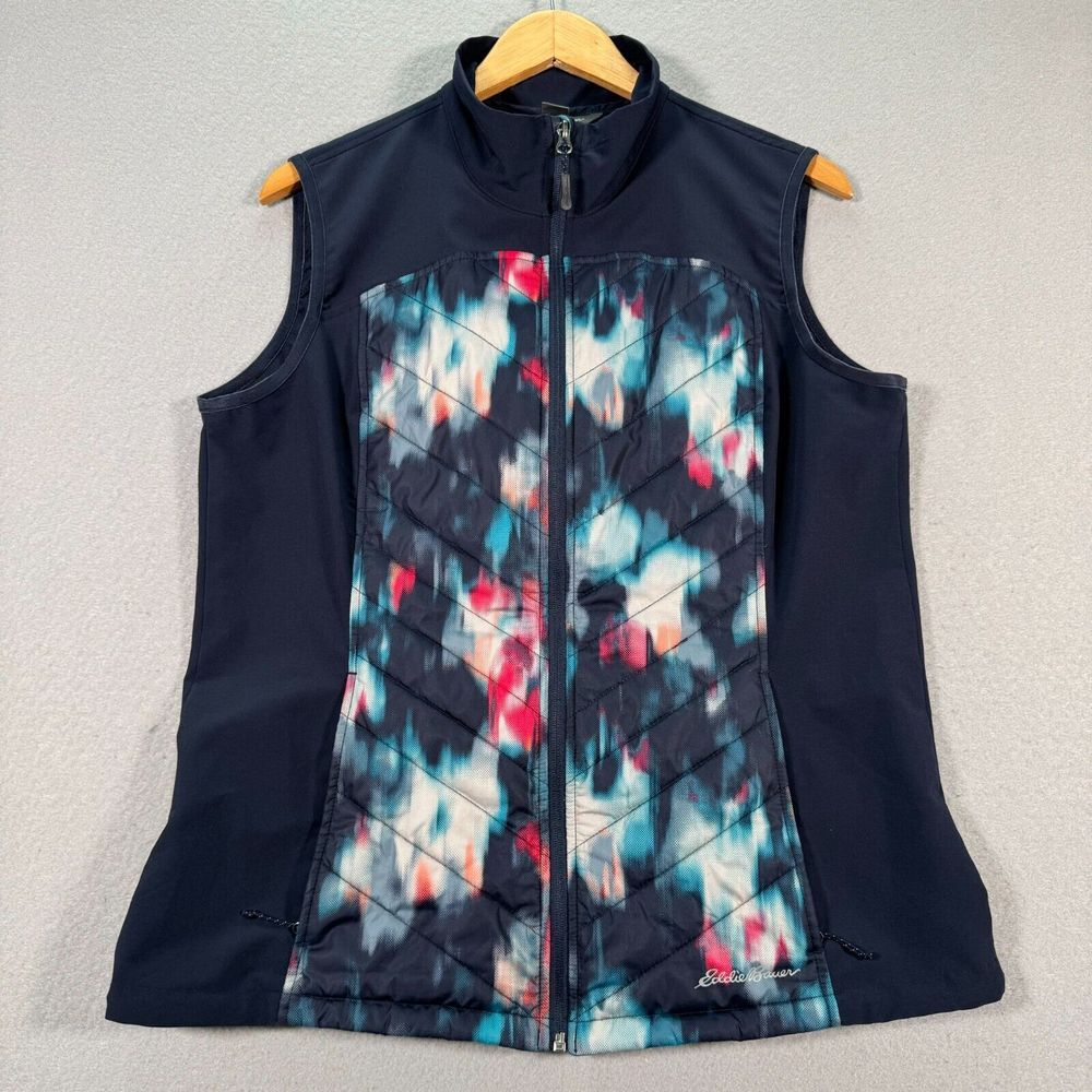 Eddie Bauer Puffer Vest‎ Womens Large Navy Blue Full Zip Abstract Quilted Lined